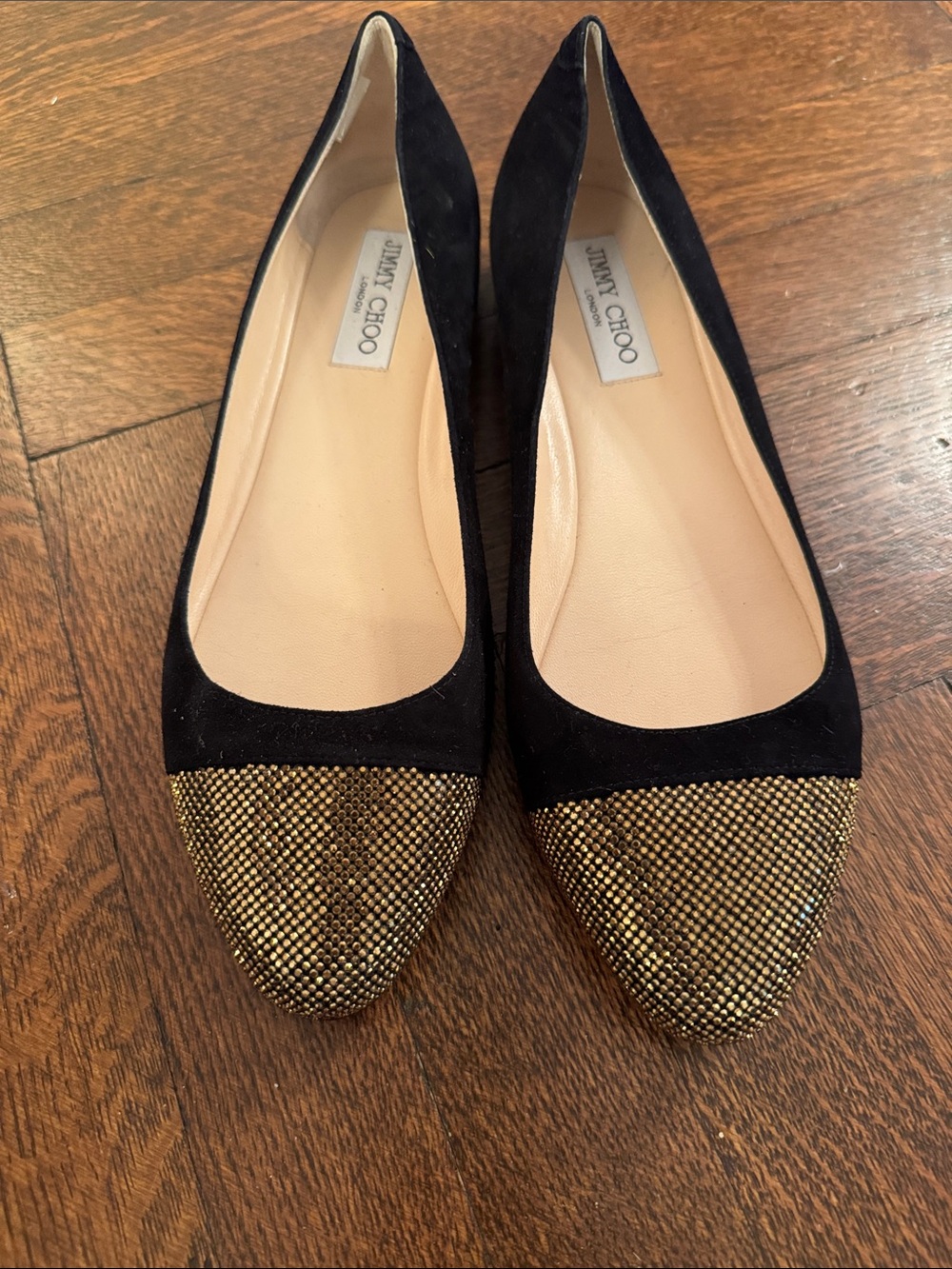 Jimmy Choo Black Suede Flats with Gold Crystal Toe Caps